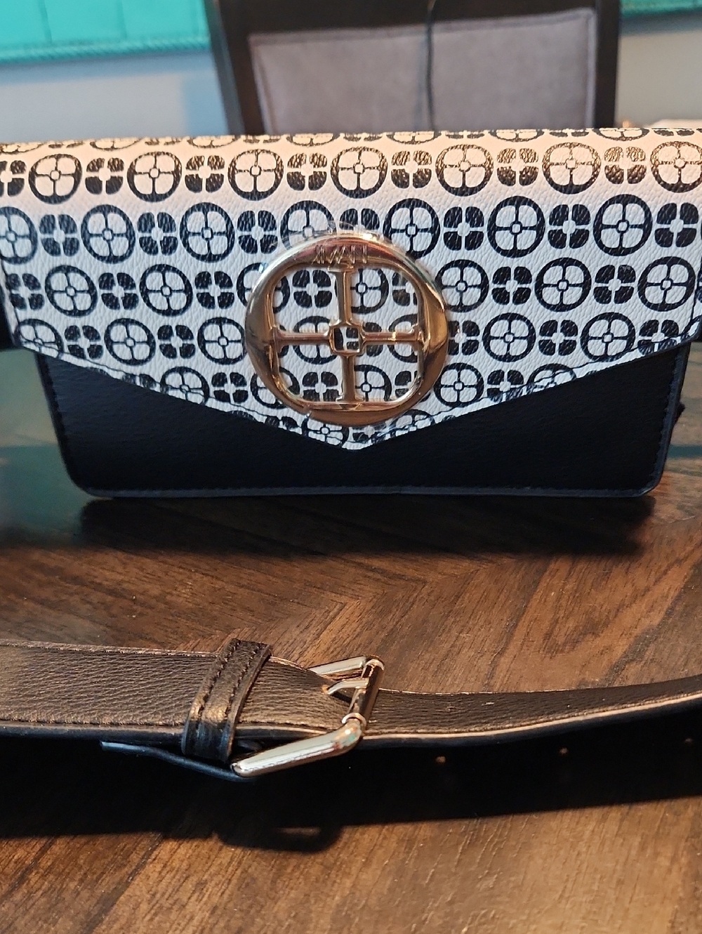 IMAN Black and White Patterned Belt Bag/Crossbody Bag with Gold Accent